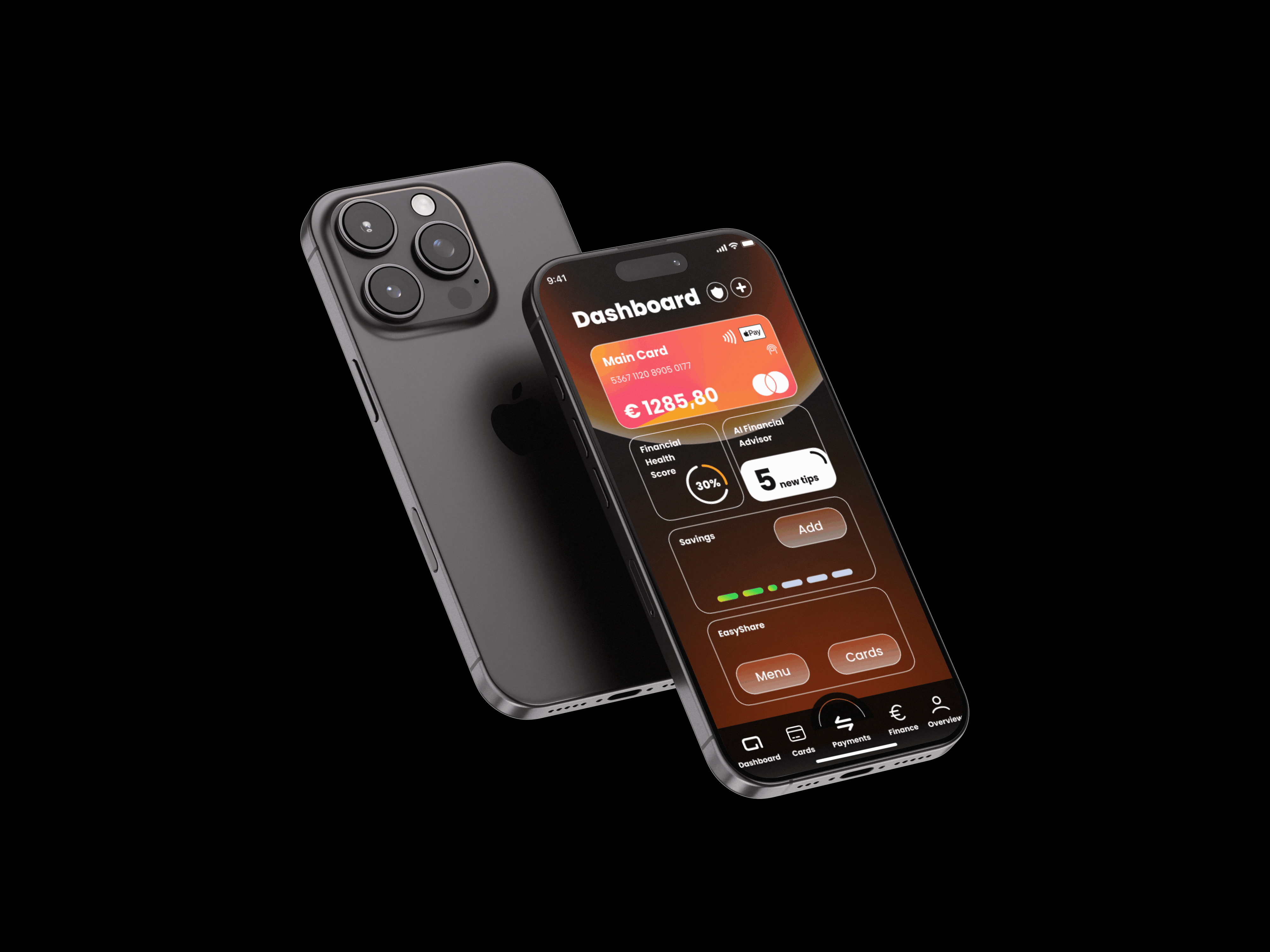 iPhone mockup zobrazujúci návrh mobilnej bankovej aplikácie s prispôsobiteľným rozhraním vrátane stavu karty, finančného skóre, AI poradcu a úsporných widgetov na tmavohnedej ploche.